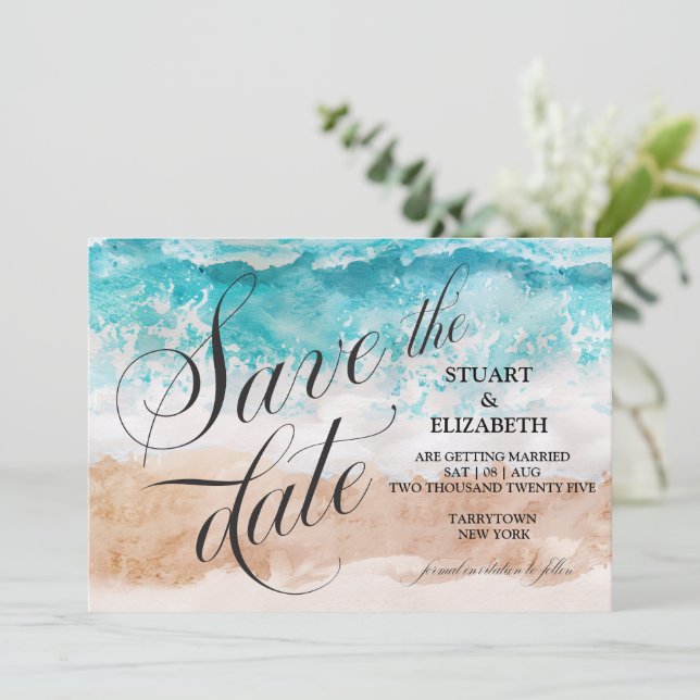 Abstrakt Beach Watercolor Calligraphy Wedding Save The Date (Stehend Vorderseite)