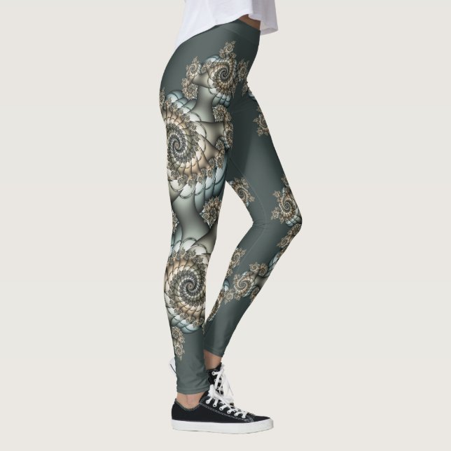 Abstrakt Beige Light Blue Fraktal Kunstgalerie Leggings (Rechts)