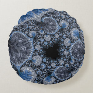 Abstrakt Black Blue Fraktal Rundes Kissen