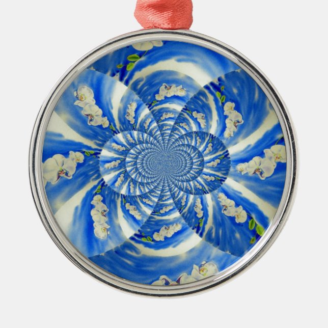 Abstrakt-blaue Blumenbemalung Silbernes Ornament (Vorne)