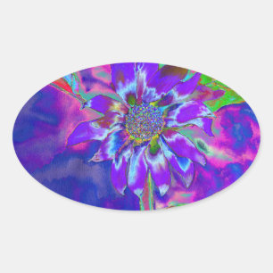 Abstrakt-blaue lila Sonnenblume Retrofunky Ovaler Aufkleber