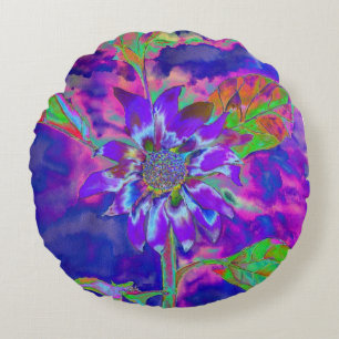 Abstrakt-blaue lila Sonnenblume   Retrofunky Rundes Kissen