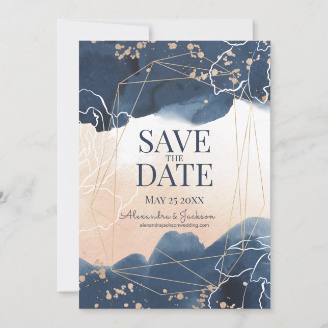 Abstrakt Blue Blush Gold Wasserfarbe Luxus Save The Date (Vorderseite)