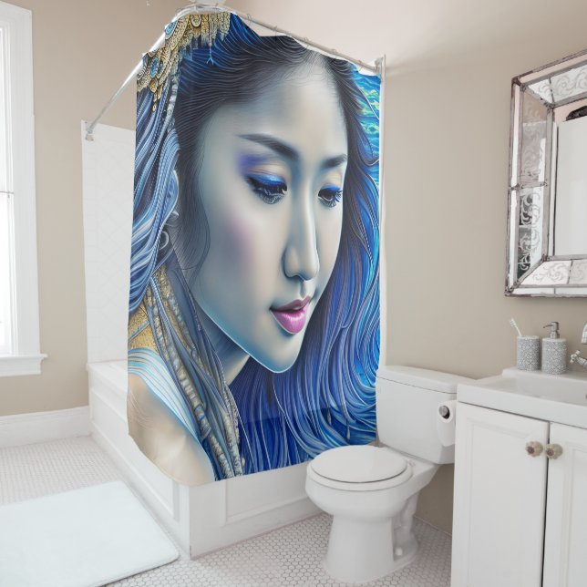 Abstrakt Blue Fantasy Woman Surrealismus Art Duschvorhang (Beispiel)