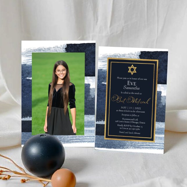 Abstrakt Blue Gilded Foto Bat Mitzvah Einladung (Von Creator hochgeladen)