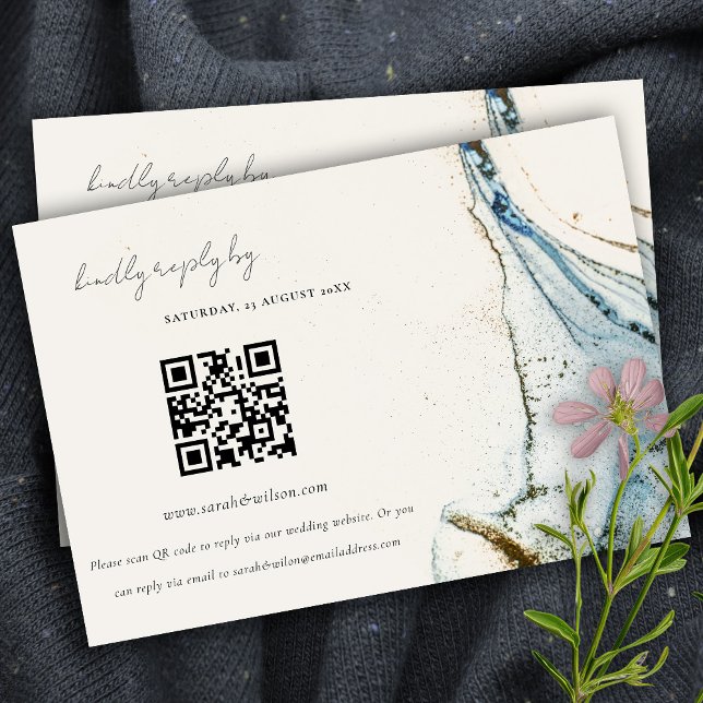 Abstrakt Blue Gold Beachy Wedding QR Code UAWG Begleitkarte (Von Creator hochgeladen)