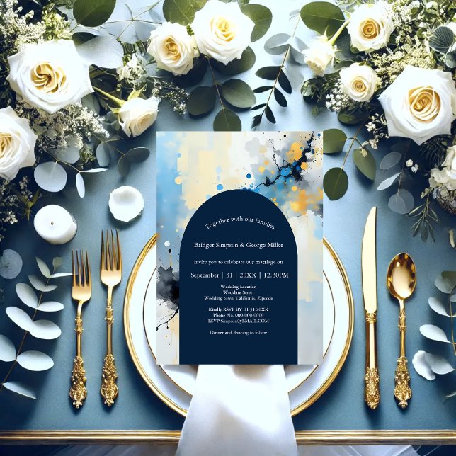 Abstrakt Blue & Gold Ink Spritzer Hochzeit Einladung (Von Creator hochgeladen)