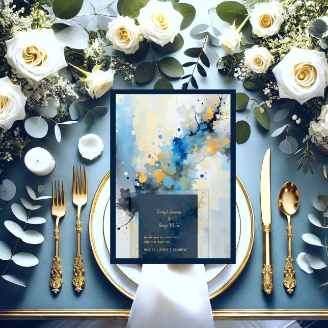 Abstrakt Blue & Gold Ink Spritzer Hochzeit Einladung (Von Creator hochgeladen)