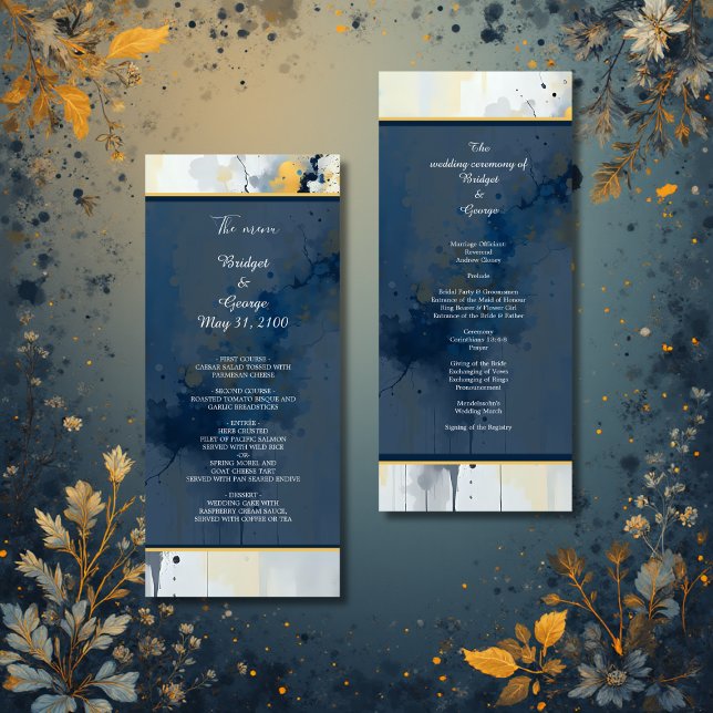 Abstrakt Blue & Gold Ink Spritzer Hochzeit Programm (Von Creator hochgeladen)