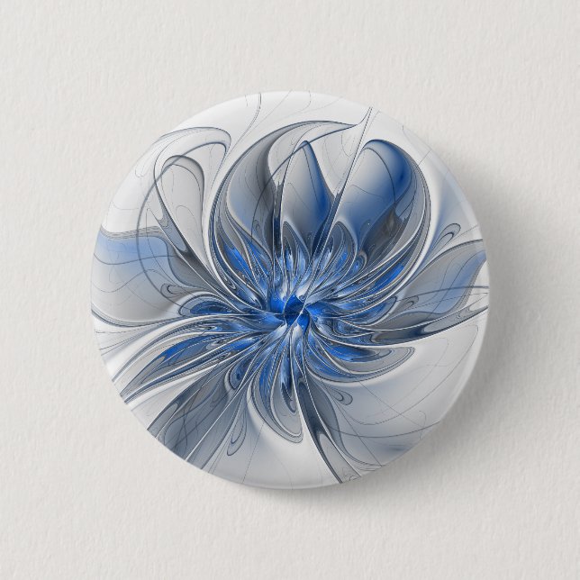 Abstrakt Blue Gray Fraktal Art Blume Button (Vorderseite)