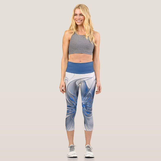 Abstrakt Blue Gray Fraktal Art Blume Capri Leggings (Vorderseite)