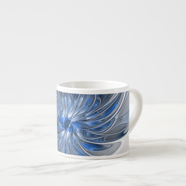 Abstrakt Blue Gray Fraktal Art Blume Espressotasse (Vorderseite Rechts)