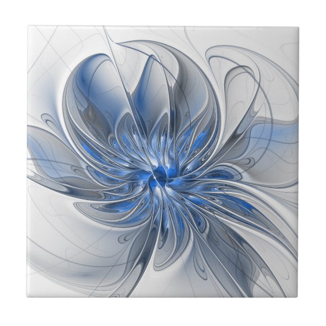 Abstrakt Blue Gray Fraktal Art Blume Fliese (Vorderseite)