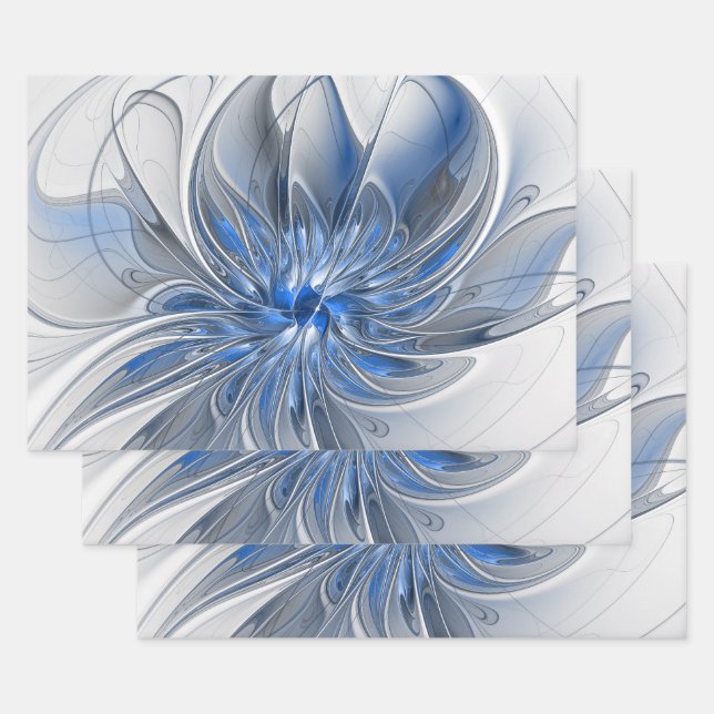 Abstrakt Blue Gray Fraktal Art Blume Geschenkpapier Set (Set)