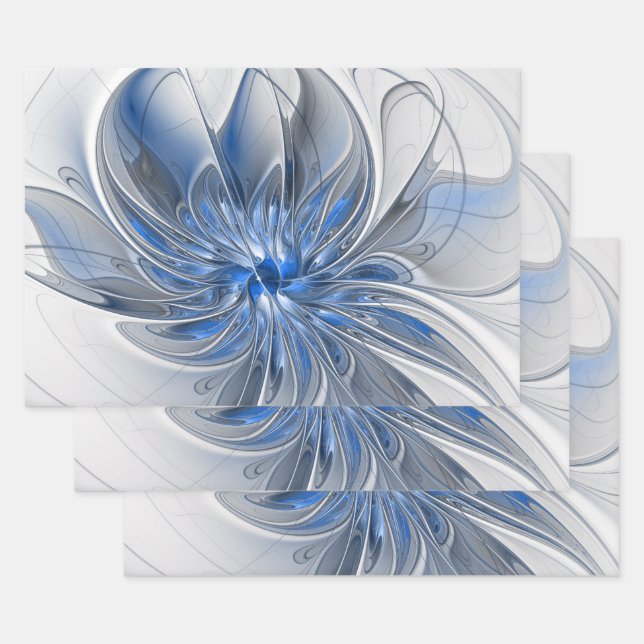 Abstrakt Blue Gray Fraktal Art Blume Geschenkpapier Set (Set)