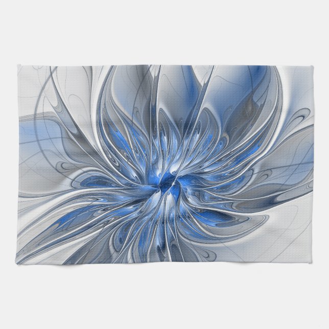 Abstrakt Blue Gray Fraktal Art Blume Geschirrtuch (Horizontal)