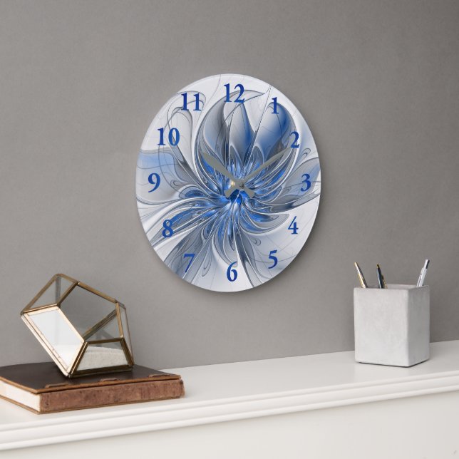 Abstrakt Blue Gray Fraktal Art Blume Große Wanduhr (Büro)