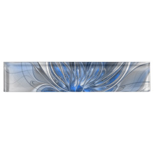 Abstrakt Blue Gray Fraktal Art Blume Namensplakette