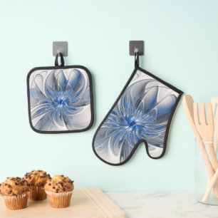 Abstrakt Blue Gray Fraktal Art Blume Ofenhandschuh & Topflappen-Set