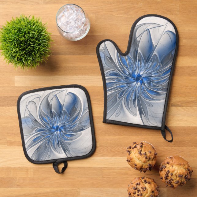 Abstrakt Blue Gray Fraktal Art Blume Ofenhandschuh & Topflappen-Set (Oben Unten)