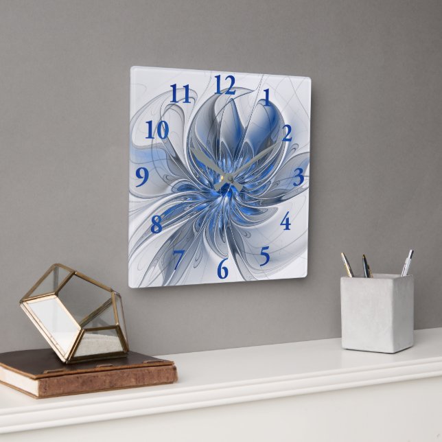 Abstrakt Blue Gray Fraktal Art Blume Quadratische Wanduhr (Büro)