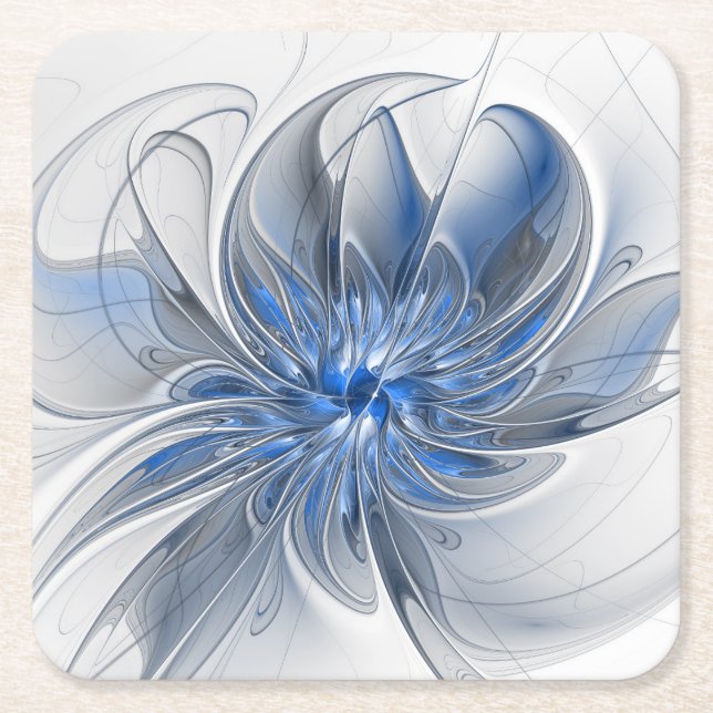 Abstrakt Blue Gray Fraktal Art Blume Rechteckiger Pappuntersetzer (Vorderseite)