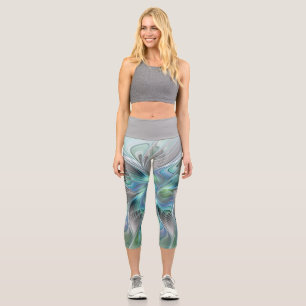 Abstrakt Blue Green Butterfly Fantasy Fraktal Art Capri Leggings