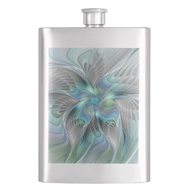 Abstrakt Blue Green Butterfly Fantasy Fraktal Art Flachmann (Vorderseite)