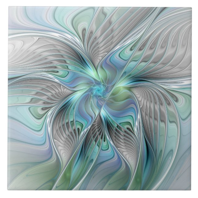Abstrakt Blue Green Butterfly Fantasy Fraktal Art Fliese (Vorderseite)
