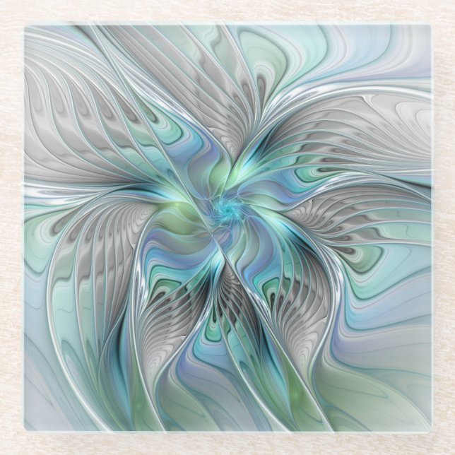 Abstrakt Blue Green Butterfly Fantasy Fraktal Art Glasuntersetzer (Vorderseite)