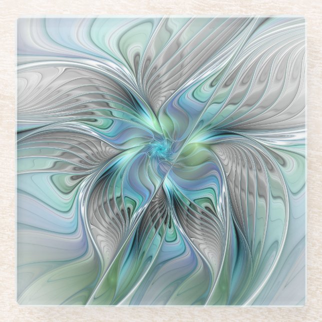 Abstrakt Blue Green Butterfly Fantasy Fraktal Art Glasuntersetzer (Vorderseite)