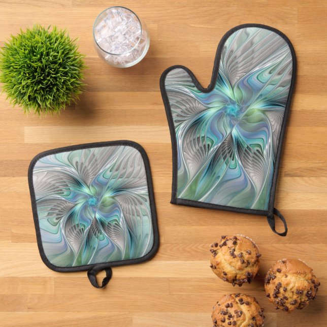 Abstrakt Blue Green Butterfly Fantasy Fraktal Art Ofenhandschuh & Topflappen-Set (Oben Unten)