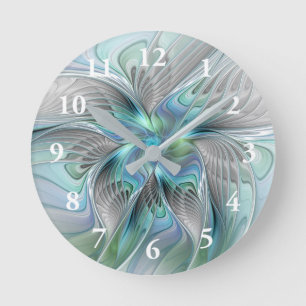 Abstrakt Blue Green Butterfly Fantasy Fraktal Art Runde Wanduhr