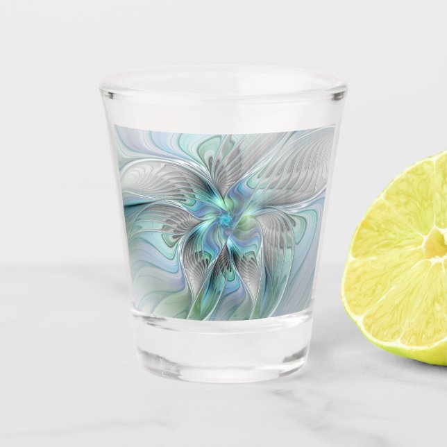 Abstrakt Blue Green Butterfly Fantasy Fraktal Art Schnapsglas (Vorderseite)
