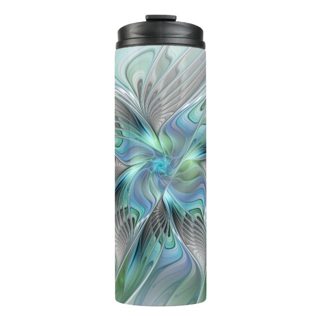 Abstrakt Blue Green Butterfly Fantasy Fraktal Art Thermosbecher (Vorderseite)
