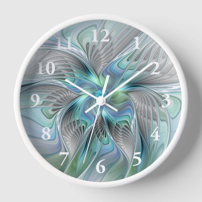 Abstrakt Blue Green Butterfly Fantasy Fraktal Art Uhr (Vorderseite)