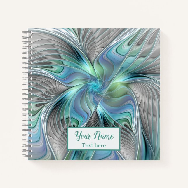 Abstrakt Blue Green Butterfly Fantasy Fraktal Name Notizbuch (Vorderseite)