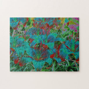 Abstrakt Blue Lilies Raindrops Blume Art Puzzle