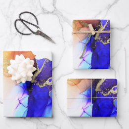 Abstrakt Blue Orange Gold Alkohol Tinte Geschenkpapier Set
