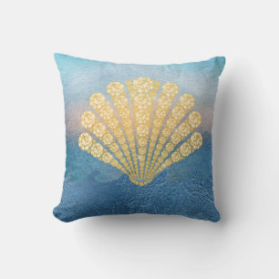 Abstrakt Blue Sea Gold Diamond Seashell Kissen