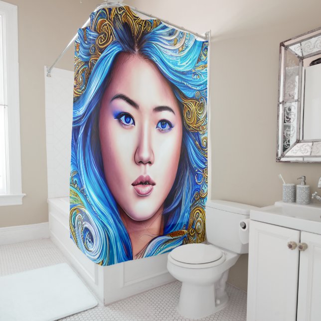 Abstrakt Blue Surrealismus Fantasy Woman Portrait Duschvorhang (Beispiel)