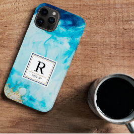 Abstrakt Blue Watercolor Gold Glitzer Mit Monogram Case-Mate iPhone 14 Hülle