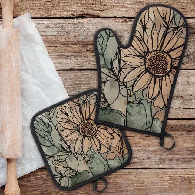 Abstrakt Boho Floral Sage und Beige Ofenhandschuh & Topflappen-Set (These pretty kitchen essentials are available as a set or individually. )