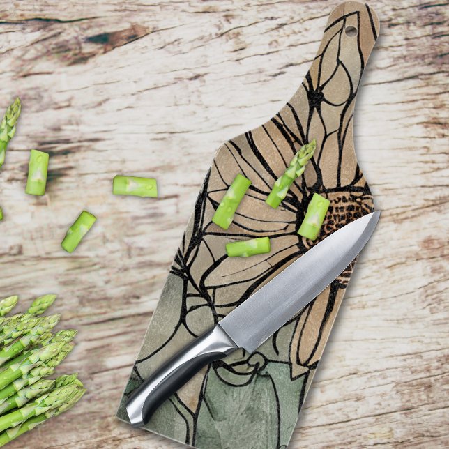 Abstrakt Boho Floral Sage und Beige Schneidebrett (This pretty glass cutting board is the perfect addition to any boho kitchen. )