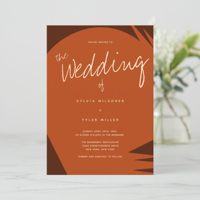 Abstrakt Brown Burnt Orange Typografy Wedding Einladung (Stehend Vorderseite)