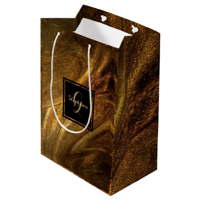 Abstrakt Brown Luxury Gold Glitzer Moderner Chic Mittlere Geschenktüte (Rückseite Schrägansicht)