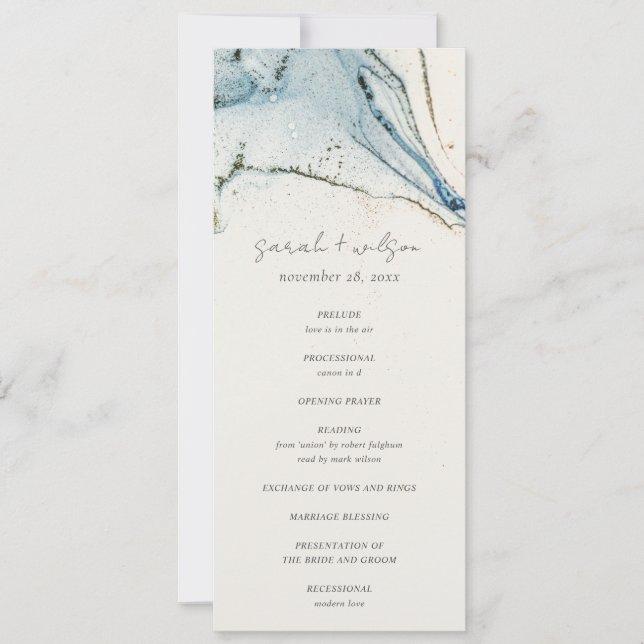Abstrakt Chic Blue Gold Beachy Wedding Programm (Vorderseite)