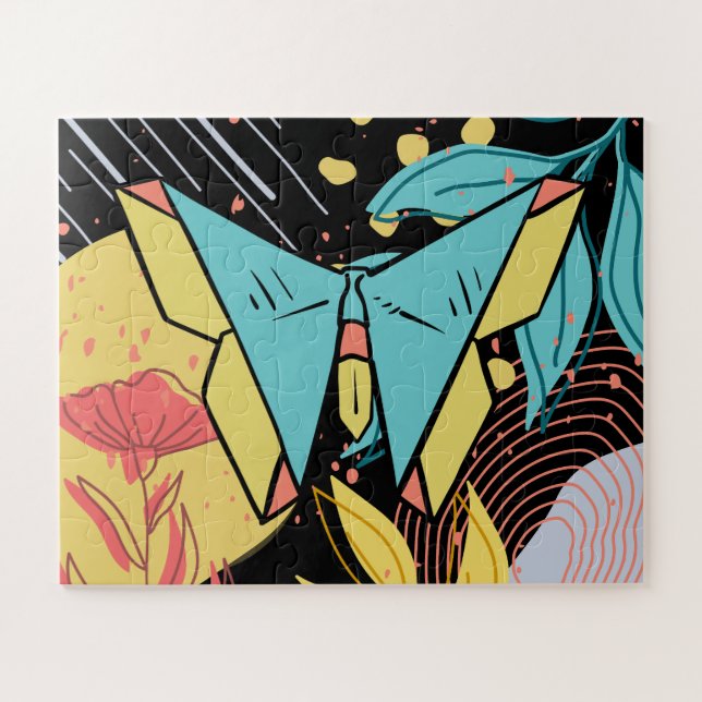 Abstrakt & Doodle Farbenfrohe Blume Schmetterling  Puzzle (Horizontal)