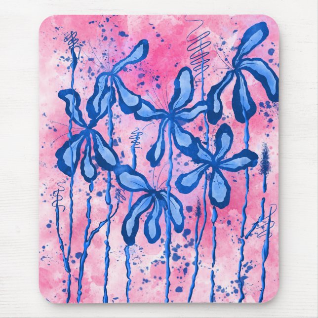 Abstrakt eingefärbte Blume Blau Rosa Mousepad (Vorne)