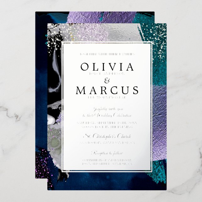 Abstrakt Elegant Aquamarin Lilac Pinselstriche Folieneinladung (Vorderseite/Rückseite)